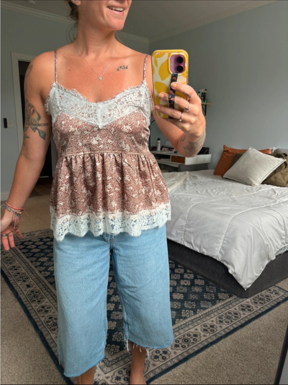 Lace-Trim Floral Cami Tank Top - Brown/White